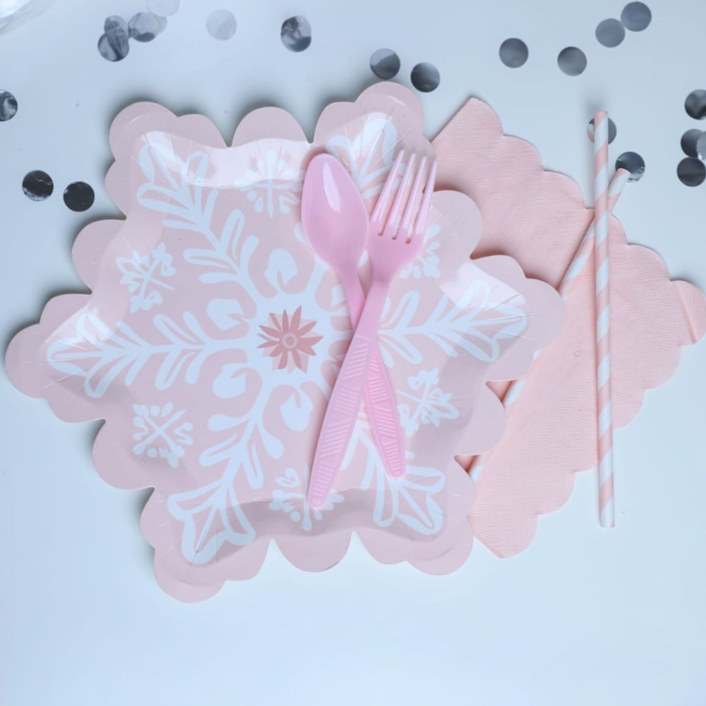 Pink Snowflake Big Plates - 8 Pcs