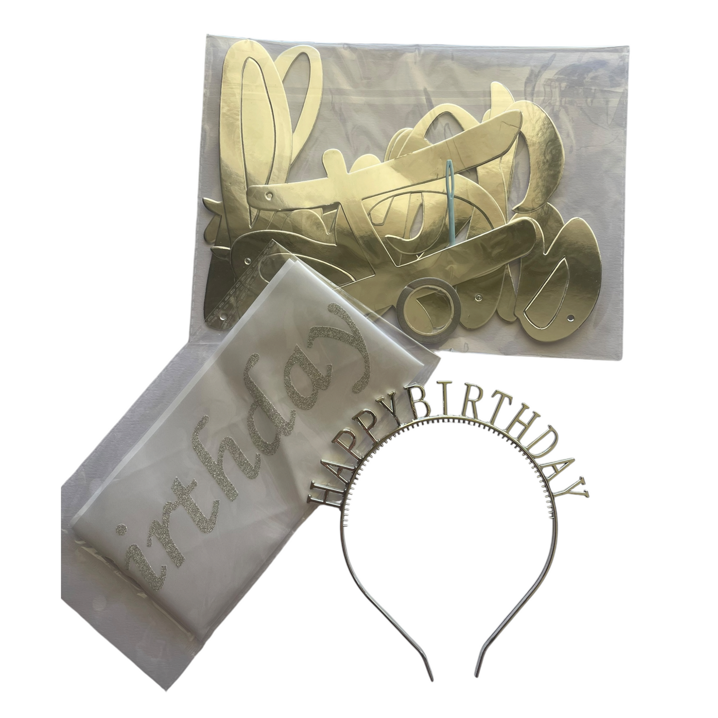 Happy Birthday Set - 3Pcs - Plastic Headband - Banner - Sash