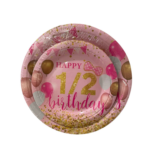 Pink Half Birthday Plates - 6 Big Plates- 6 Small Plates