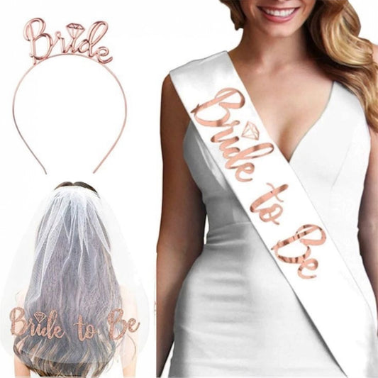 Rose Gold Bride Set - 3 Pcs - Satin Sash - Metal Headband - Veil