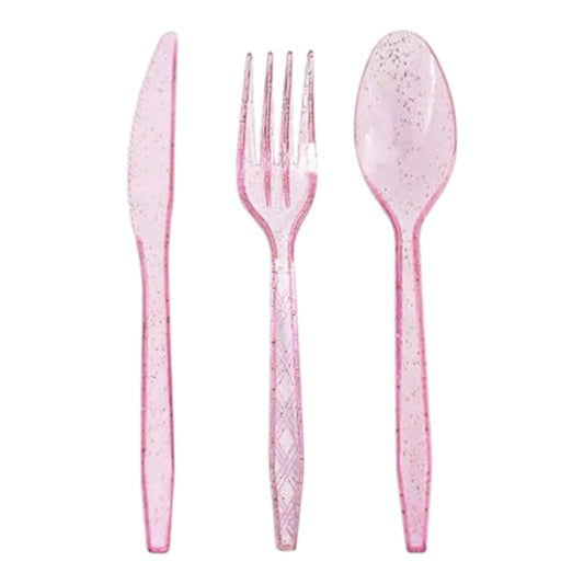 Glittering Pink Plastic Cutlery Set - 10 Forks/Spoons/knives