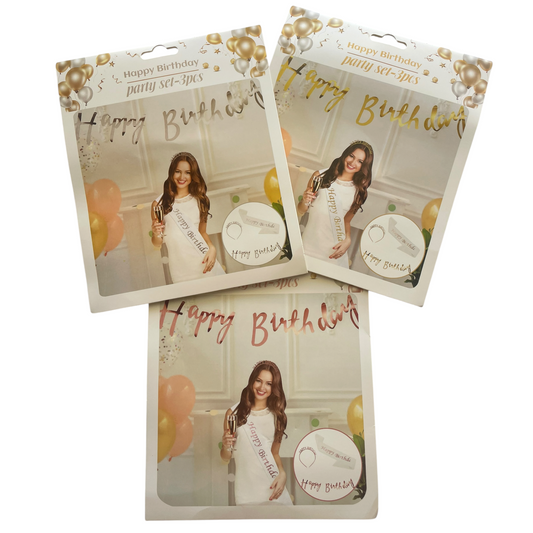 Happy Birthday Set - 3Pcs - Plastic Headband - Banner - Sash