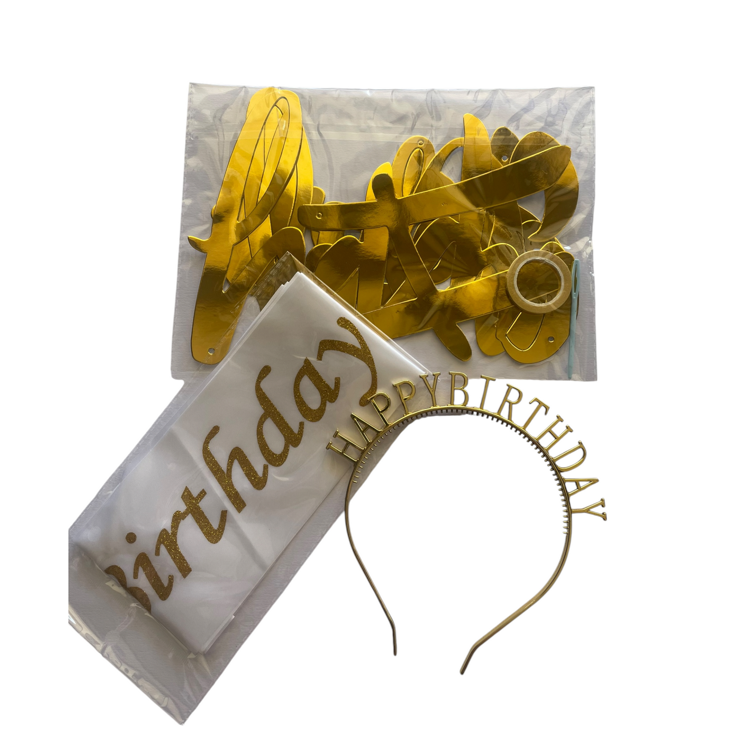 Happy Birthday Set - 3Pcs - Plastic Headband - Banner - Sash