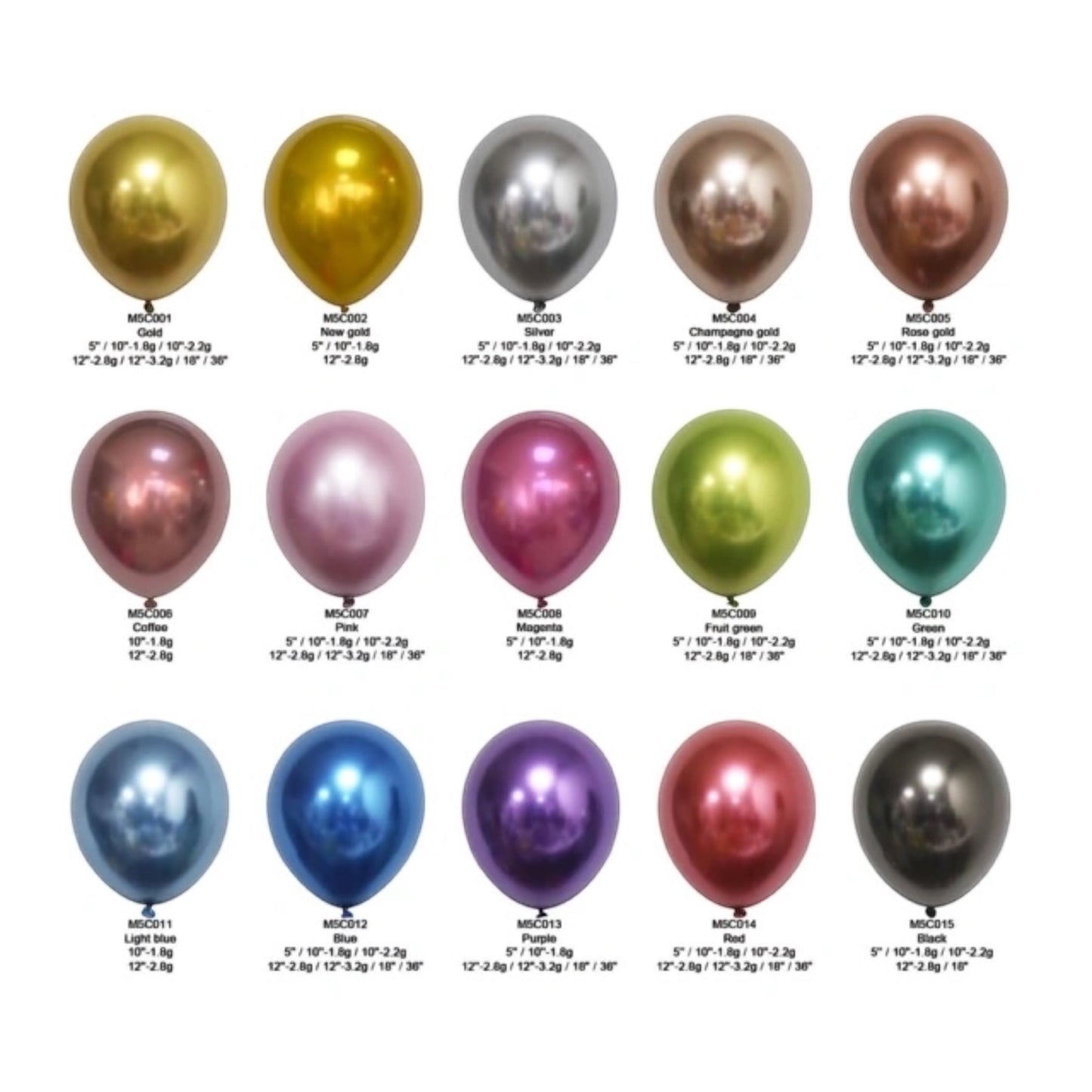 High Quality Chrome Latex Balloons - 3.2g - 12 Inch